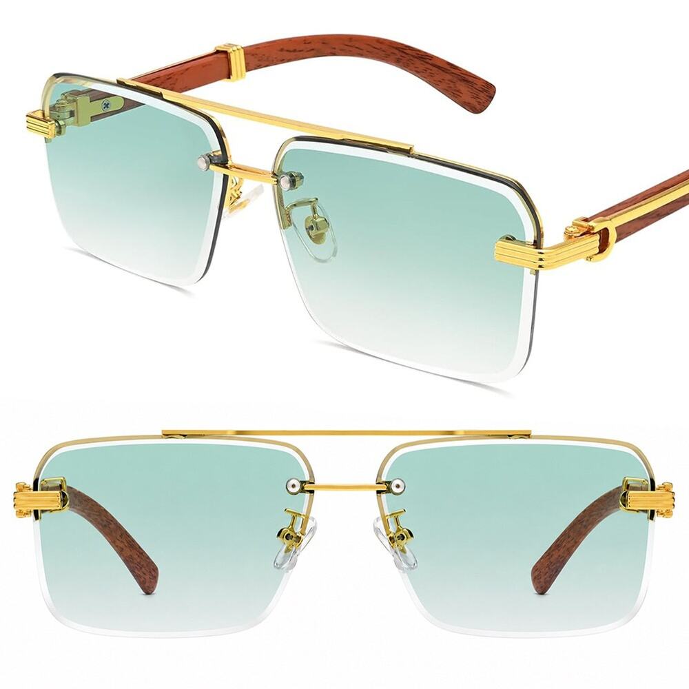 Designer Mens Gold & Faux Wood Brown Green Gradient Rectangle Sunglasses Fashion
